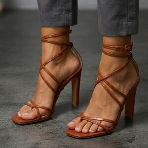 So Me, Brown Strappy, Square Toe Heeled Sandals, Crocodile Textured  Look Size 6